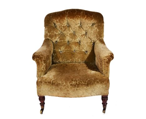 A VICTORIAN GREEN VELVET BUTTON BACK UPHOLSTERED LOW ARMCHAIR by Howard & Sons, 70cm wide 