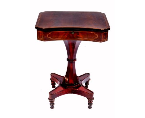 A WILLIAM IV MAHOGANY WORK TABLE the rectangular top with concave front and boxwood strung decoration, the lid opening to rev