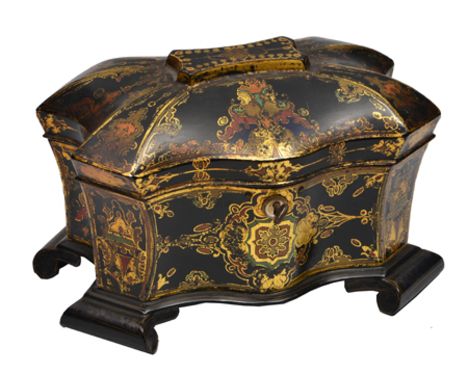 A VICTORIAN PAPIER MACHE SERPENTINE OUTLINED TEA CADDY, sarcophagus form  with a domed lid and scroll feet, polychrome and pa