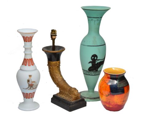 A GILT GESSO AND BLACK PAINTED CORNUCOPIA TABLE LAMP with shade, 29cm high, two opaline glass vases, 50cm and 40cm high and a