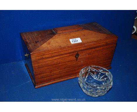 A Victorian Sarcophagus Tea Caddy two fitted, lidded, hinged caddies and a glass mixing bowl