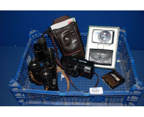 A pair of Ross Binoculars 6 x 30, a pair of Noclovist 8 x 30 Binoculars, Nikon cased Camera and a Rank electra boxed meter