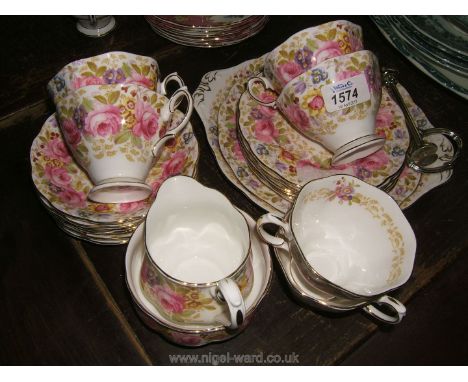 A pretty Royal Albert Serena pattern vintage part Teaset including three tier cake stand, milk jug, sugar bowl, six cups and 