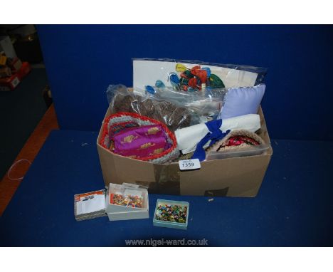 A box of sundry items including embroidery, buttons, bugle beads, etc