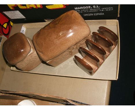 A three piece Carltonware 'Hovis' set including butter dish, lidded preserve and toast rack