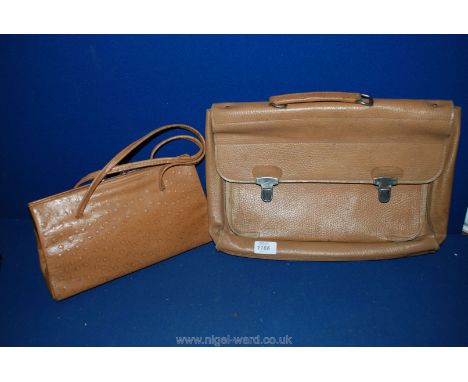 A leather Briefcase and a vintage leather Handbag, possibly ostrich skin