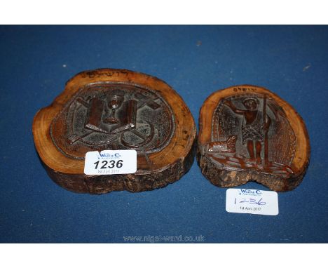 Two very rare early tourist ware Palestine Christian subject olive wood carvings. Both created from whole cut sections of tru