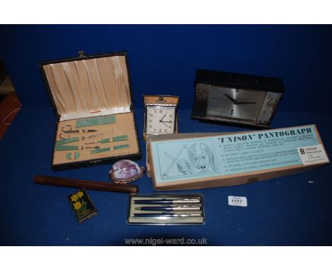 A box of miscellanea including retro vintage Smith's Sectaronic battery clock, three cased pens, a Bryant and May matchbox ca