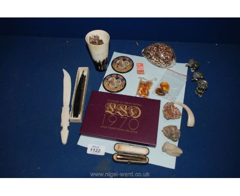 Miscellaneous items to include a Horn Beaker, Cut throat Razor, Thermometer, Shells, loose Amber chips, two 1937 Coronation h