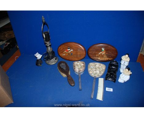 A Tiffany style metal Lamp Stand, two oriental Figures, 9'' x 5 3/4'' , three piece dressing table set, Avon fragrance bottle