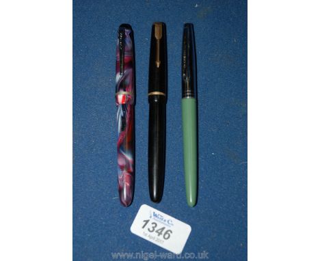 An Osmiroid 65 Fountain Pen, Parker Duofold Fountain Pen with a 14k Nib plus a Queensway Cartridge Pen