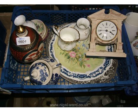 A quantity of china including vases with hunting scene, Royal Albert milk jug, Old Willow lidded sugar bowl, Aynsley Portland