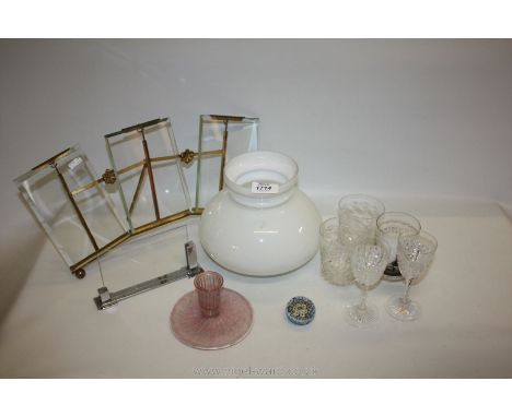 A box of glass including a large glass shade for an oil lamp and a  pretty frosted glass chamber stick.