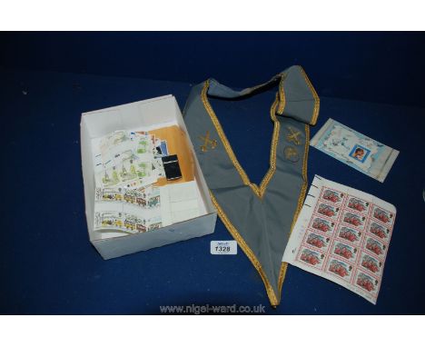 A quantity of loose unused stamps, a Masonic sash and a metal case of razor blades, a Gay Venture stamp Album - New Zealand, 