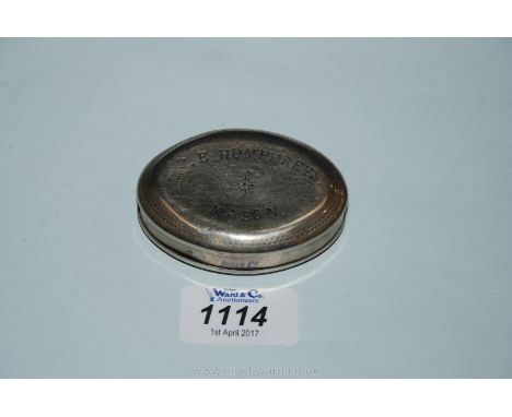 A white metal Masonic Snuff Box engraved "T.E. Humphreys"