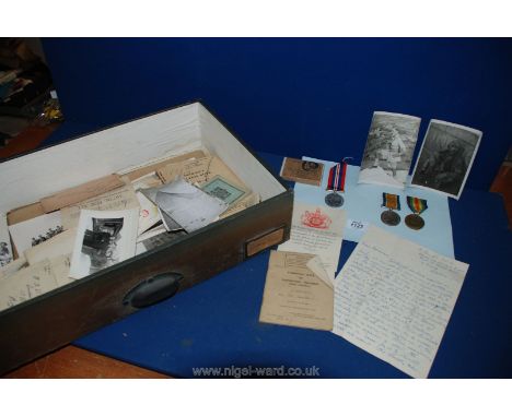 A quantity of miscellaneous old Military Photographs WWII Palestine and letters from home, and two WWI Medals in the name of 