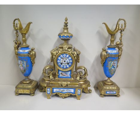 A French Ormulu and porcelain clock garniture set clock, standing 48cm tall, some general wear and repainting chip to one gar