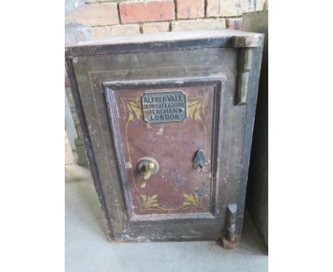 A vintage Alfred Vale iron safe with key - approx 61cm x 43cm x 41cm - wear consistent with age - see images for details 