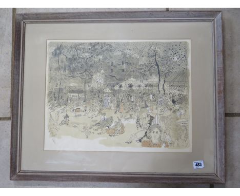 A Lithograph - Hampstead Heath by Anthony Gross - frame size 53cm x 66cm - with Redfern Gallery label dated 1953 