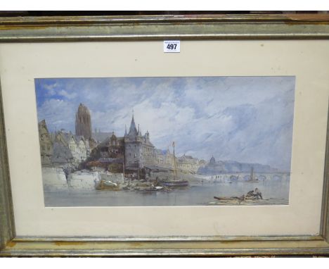 A 19th Century lithograph of a Continental harbour scene, indistinctly signed but dated 1891 - approx 49.5cm x 72.5cm overall