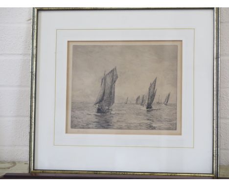 W L Wyllie etching - Brixham fishing fleet - in a gilt frame - 40cm x 44cm frame size - in good condition 