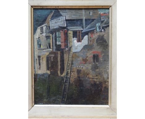 An early 20th Century study of warehouse exterior with ladder, oil on board, approx 31cm x 27cm - overall in a gilt frame, un