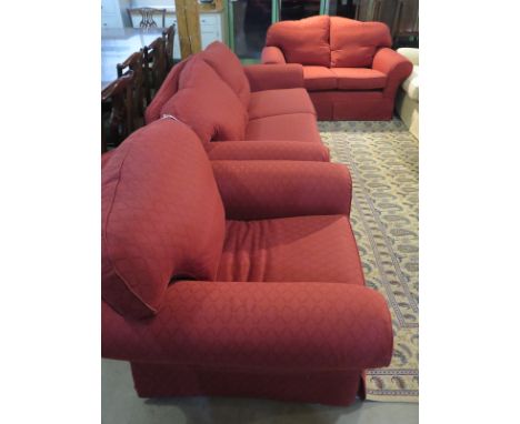 A Multiyork three piece suite in red material, large two seater sofa, 203cm wide, small two seater sofa 157cm wide, single ch