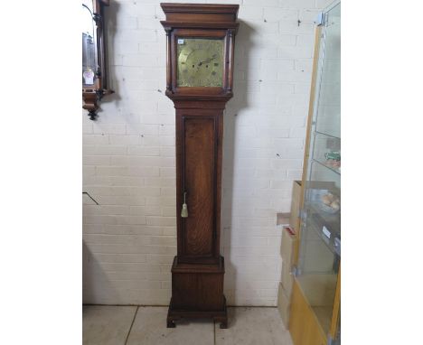An oak 8 day long case clock, with an 11 inch square brass dial, signed R Vaughan Watlington -85 inches tall, in restored con