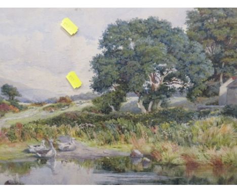 W H Wilkinson, a framed and glazed watercolour of ducks on a riverbank, building s and woodland beyond, signed lower left, 31