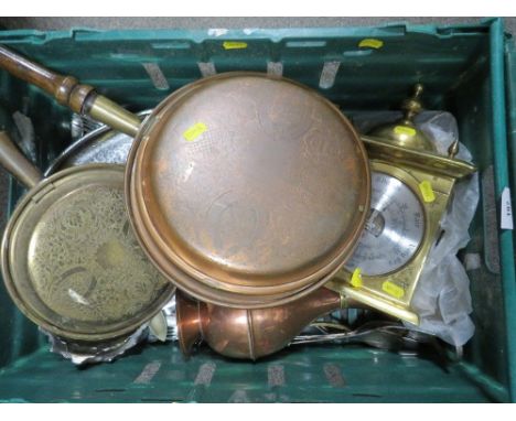 A tray of metalware and cutlery to include a brass mantle barometer 