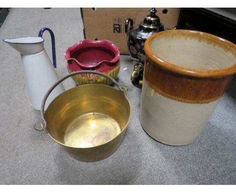 A brass jam pan, ceramic samovar, enamel jug etc