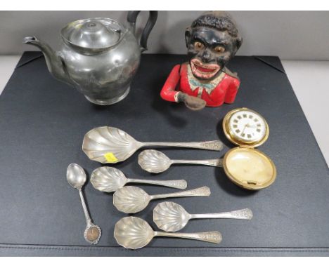 A tray of collectables to include a happy joe type money bank Notice from the the-saleroom.com: These items are listed on the
