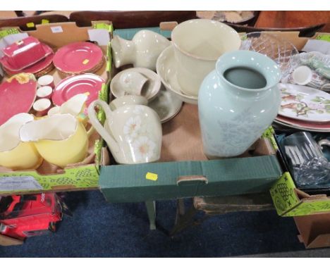 Three trays of ceramics and glass etc to include Royal Winton and a Denby vase 