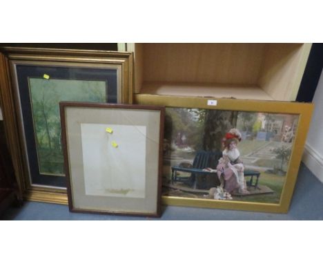 Three framed pictures to include a lady sitting on a tree bench (3) 