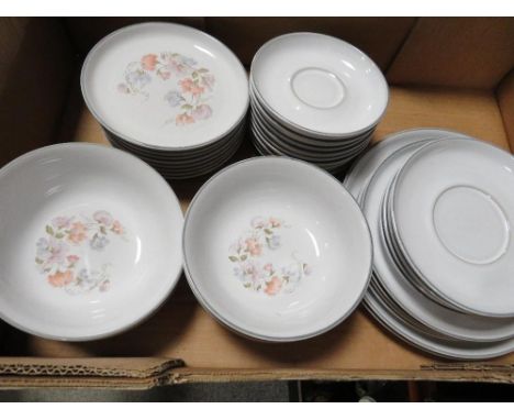 Two trays of Denby Encore tea and dinner ware 