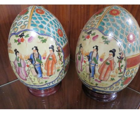 Two Japanese style large decorative ceramic eggs 