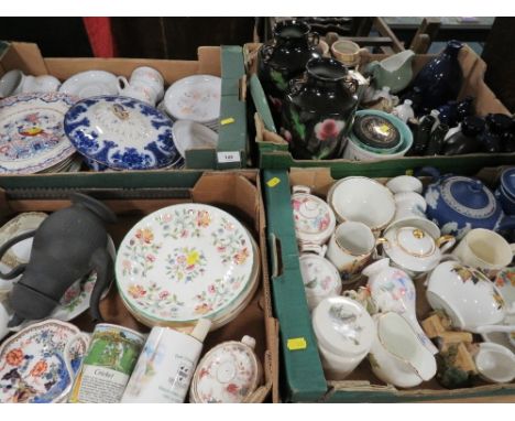 Four trays of mixed china and ceramics to include Minton, Denby, Wedgwood etc