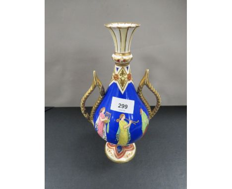 A Royal Worcester style twin handled vase with Greco Roman design - twin handle with antique repair to one handle 