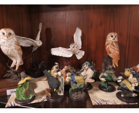 Four Danbury mint ceramic owl figures with certificates together with a tray of bird figures 