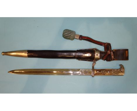A WWII German Police parade dagger/bayonet, with two-piece antler grip and eagle head pommel, single-edged fullered blade wit