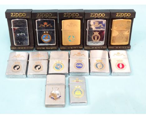 A collection of thirteen Zippo lighters each with naval crests, includes HMS Orpheus Final Commission 1982-1987, Sealion, Fea