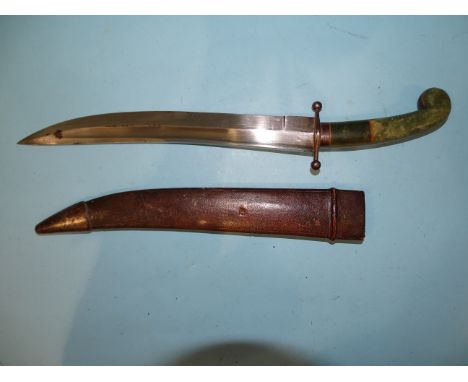 A dagger with ball-finialled hilt and 'jade' stone grip, the 25cm curved single-fullered blade in leather-covered wood scabba