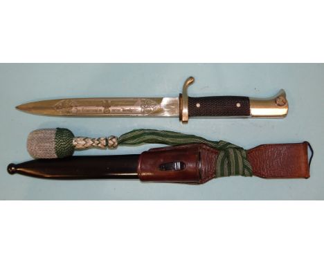 A WWII German K98 dress bayonet, the single-edged blade etched on one side with large spread-winged eagle and swastika over s