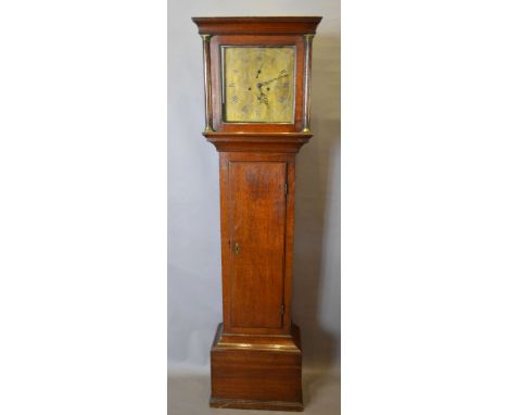 A George III Oak Long Case Clock, the square hood with reeded pilasters above a rectangular door and conforming plinth base, 