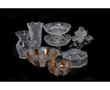 A GROUP OF GLASS AND BOHEMIA CRYSTAL
Including a Arum crystal bowl and ashtray, two cut glass vases, an octagonal lidded asht