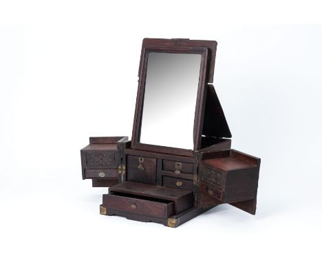 A LARGE CHINESE METAL BOUND WOODEN VANITY BOX
The largest with a lift out internal mirror and two front fold out drawers reve