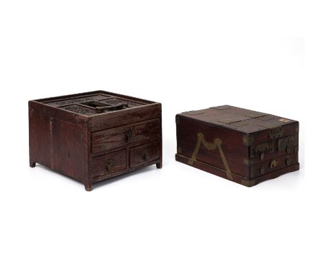 A METAL BOUND CHINESE WOODEN VANITY BOX AND ONE OTHER
The vanity box with a lift out mirror and fitted with two short and one
