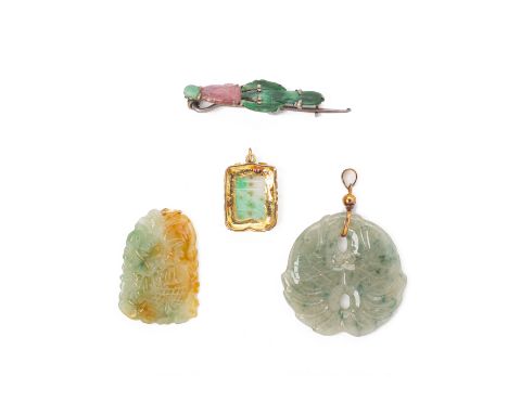 THREE JADE PENDANTS AND A HAIR PIN
Two examples carved with marine life, the hair pin of a basket and flowers and a carved 'd