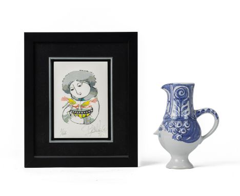 A BJORN WIINBLAD STUDIO FACE JUG AND A LTD EDITION PRINT The jag with. moulded and painted decoration, signed and dated 2005 
