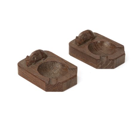 A PAIR OF ROBERT 'MOUSEMAN' THOMPSON WORKSHOPS OAK ASH TRAYS
Rectangular with carved mouse signature to one end
10cm wide
Con